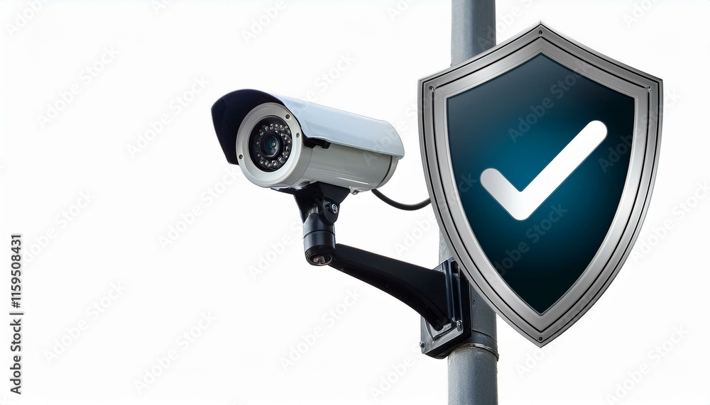 Poster security camera and shield: a symbol of safety and protection, featuring a high-tech security camera