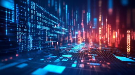 Abstract Digital Background with Flowing Binary Code and Neon Lights Creating a Futuristic Atmosphere for Technology and Data Concepts