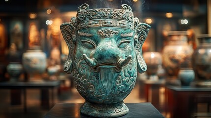 Intricate teal ceramic incense burner shaped like a mythical beast's head, smoky incense rising.