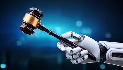 Obraz premium Robot Hand Holding Gavel: A robotic hand, sleek and futuristic, wields a traditional wooden gavel against a backdrop of blue light, symbolizing the intersection of technology and law. 