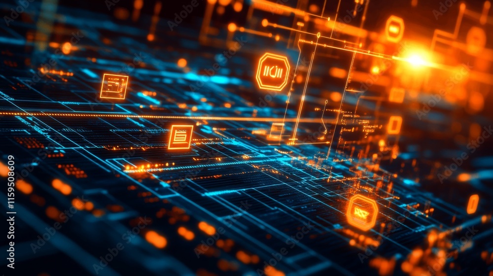 Aufkleber abstract digital background with neon lines and shapes representing technology, data transfer, and f