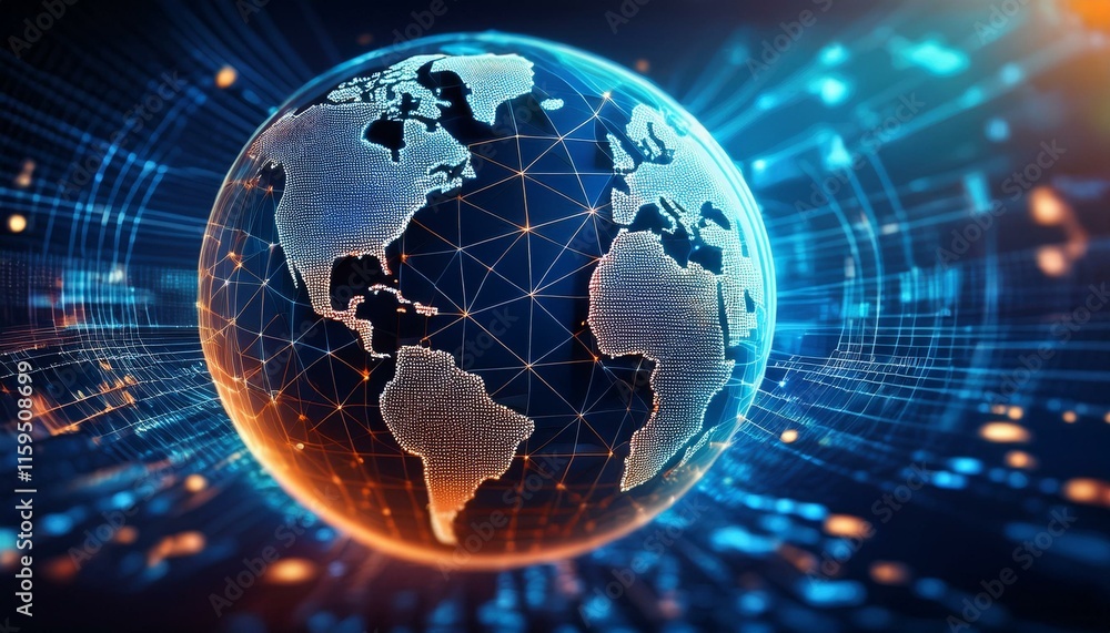 Poster global network connection: a mesmerizing digital rendering of the earth, encased in a vibrant web of