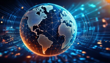 Global Network Connection: A mesmerizing digital rendering of the Earth, encased in a vibrant web of interconnected nodes, symbolizing global communication and technological advancement.  