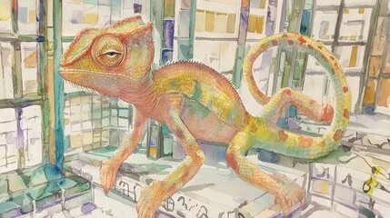 Obraz premium A picture of a chameleon perched on a windowsill, facing a tiled one
