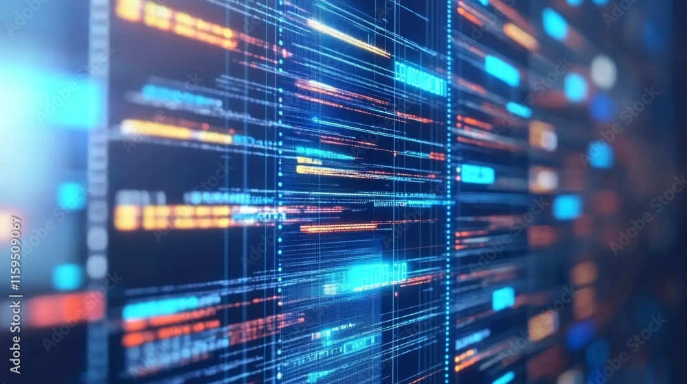 Poster Abstract Digital Data Stream with Colorful Lines and Glowing Elements Representing Information Technology and Cybersecurity Concepts in a Futuristic Environment