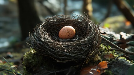 Small Easter egg resting peacefully in a bird's nest on forest floor