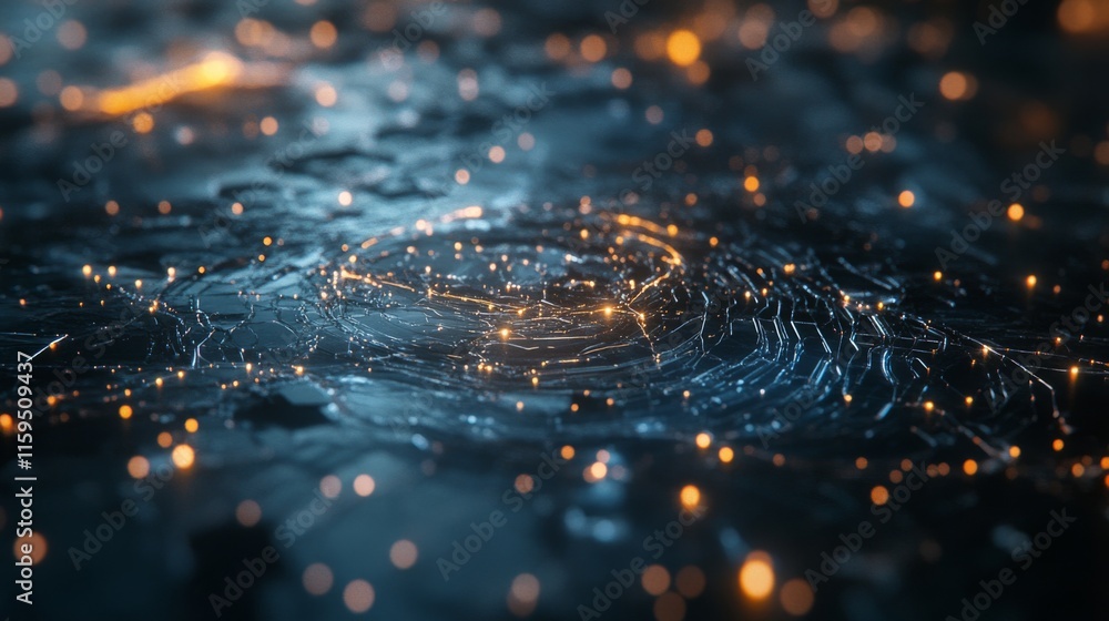 Poster abstract digital landscape with glowing particles and intricate patterns of light in a dark environm