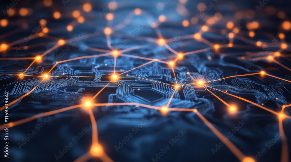Poster abstract digital network connection with centralized circuitry and glowing nodes featuring a dark bl