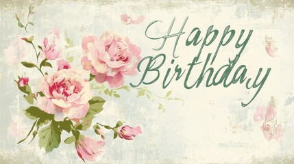 Delicate Pink Roses Happy Birthday Floral Greeting Card
