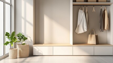 Elegant minimalist mudroom with minimal decor. Featuring clean lines and a practical design