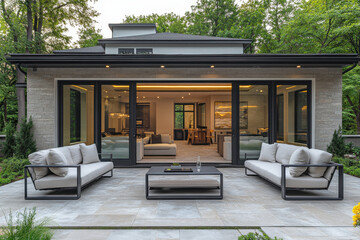 Modern backyard patio with open sliding doors leading to interior living space