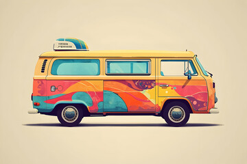 A colorful, retro hippie van illustration, perfect for evoking memories of road trips and freedom with its vibrant, nostalgic design.