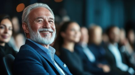 Fototapeta premium A cheerful senior man with a white beard smiles while attending a business conference, surrounded by an attentive audience in a modern venue.
