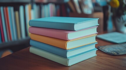Stack of pastel notebooks arranged neatly on a wooden desk in a cozy study area