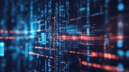 Abstract futuristic digital cityscape with glowing blue and orange lights, representing advanced technology, data flow, and connectivity in a virtual space.