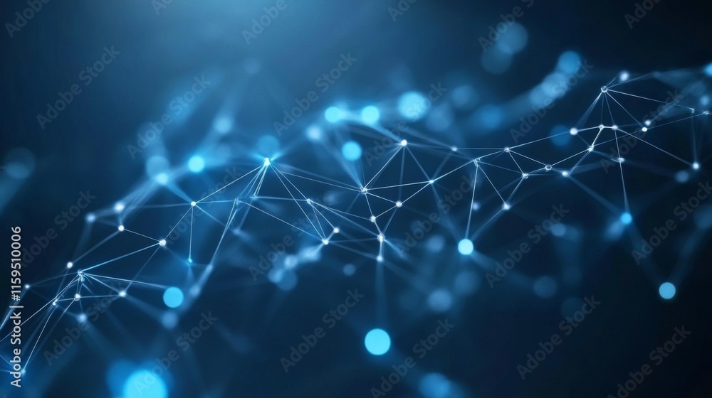Poster abstract network connection concept with blue light particles and geometric shapes representing digi