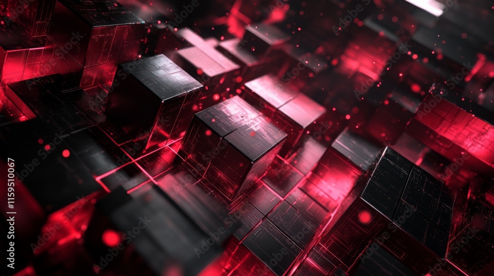 Poster Abstract Rendering of Black and Red 3D Geometric Shapes with Glowing Particles for Modern Technology and Digital Art Backgrounds