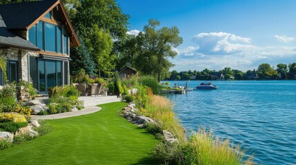Lakeside Home with Lush Landscaping and Boat
