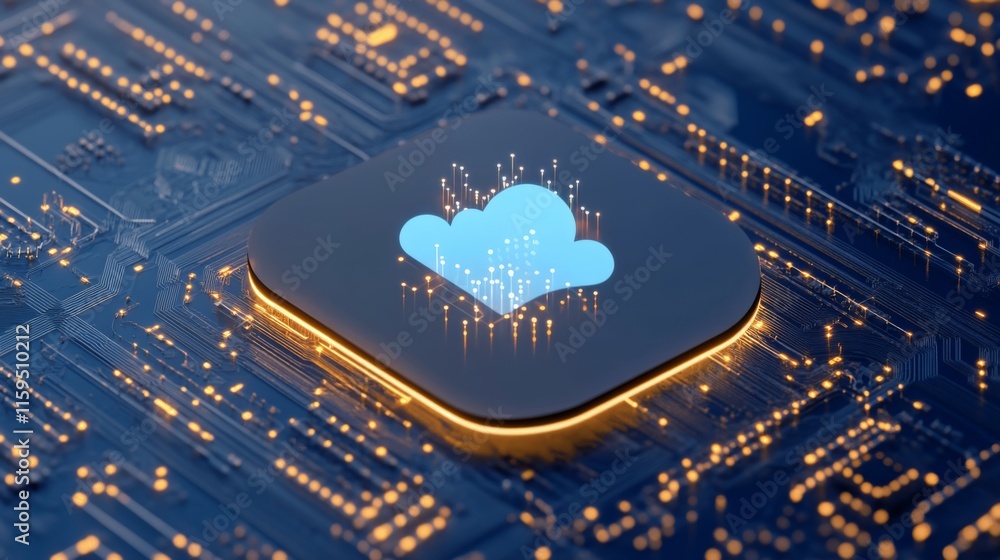 Poster abstract representation of cloud computing technology on a circuit board with glowing connections, s