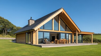 Obraz premium Modern wooden chalet with large windows overlooking green fields
