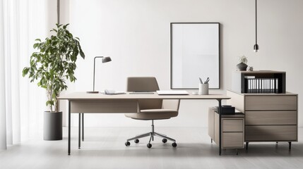 Elegant minimalist office workspace with minimal decor. Featuring clean lines and a streamlined design