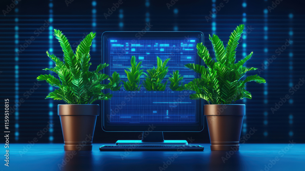 Poster modern home office setup featuring computer and vibrant plants, creating refreshing workspace atmosp