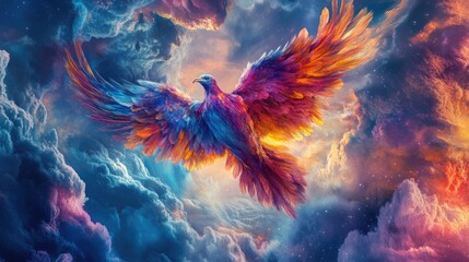 A Colorful Bird Soaring Through Cosmic Clouds