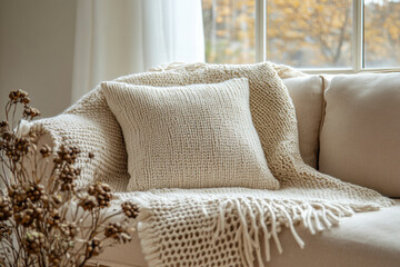 Cozy knitted plaid and cushions creating relaxing atmosphere on sofa by window