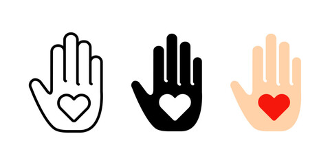 Obraz premium Hand with heart icon. Charity symbol. Palm with heart vector illustration. Children care humanitarian foundation sign. Support, love, hope and mercy pictogram. Volunteer donation logo. Social concept.