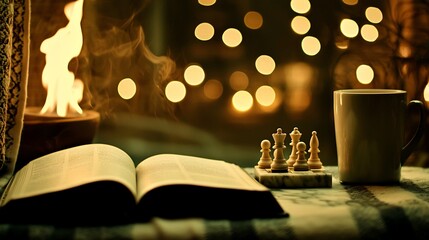 Obraz premium Cozy evening scene with open book, chess pieces, mug, and fireplace.