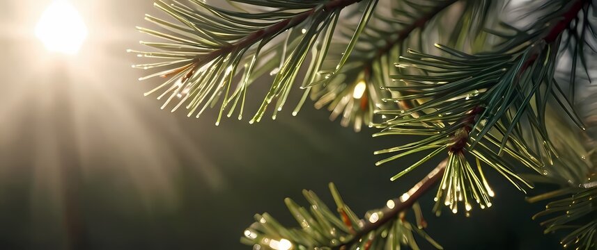Close up of pine needles with morning dew glistening in soft sunlight