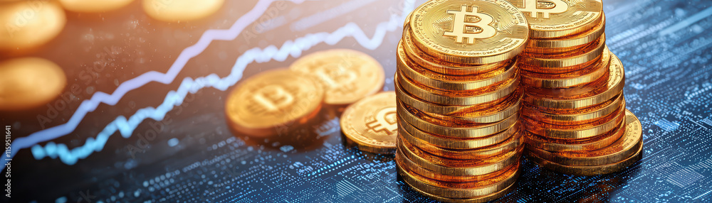 Poster bitcoin coins stacked on digital trading platform with graphs