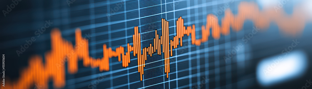 Poster close up of trading platform screen displaying fluctuating market data with vibrant orange lines