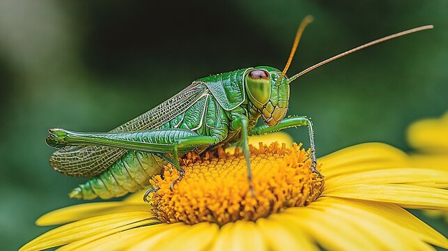   A close-up picture of a grasshopper perched atop a yellow blossom, featuring a green insect on its head