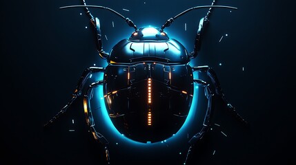 A high-tech bug protected by a glowing circular shield, illuminated by soft ambient lighting, sharp contrast between the glowing shield and matte black background, minimalist tech design with glowing