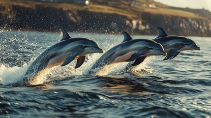 Obraz premium Dolphins leap joyfully from the sea against a scenic coastal backdrop