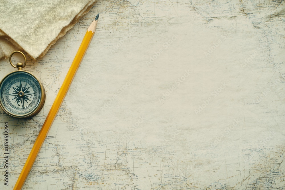 Fototapete vintage map with compass and pencil on rustic background with ample space for text or design. genera