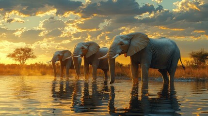 Elephants enjoy a peaceful moment at a watering hole during sunset