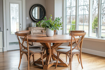 Round wooden dining table with cross back chairs and greenery centerpiece illuminating modern farmhouse interior