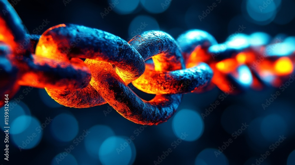 Poster close-up of a glowing metallic link in an industrial chain with an abstract bokeh background creatin
