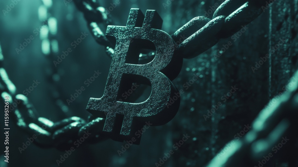 Poster close-up view of a bitcoin symbol hanging from a metallic chain in a dark and mysterious digital env