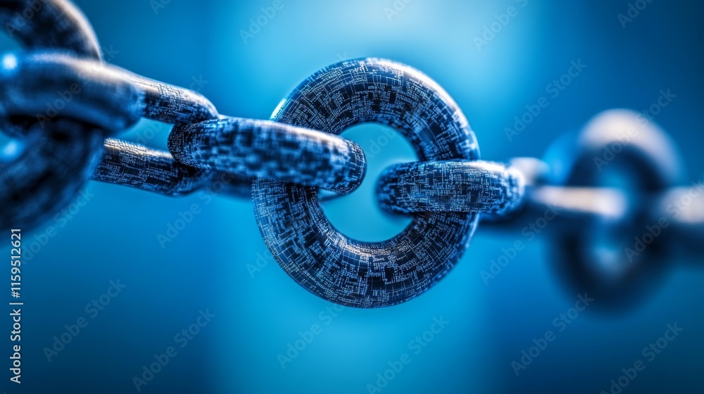 Poster close-up of metallic chain link with intricate patterns and a mysterious blue background, symbolizin