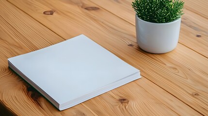 A blank notebook rests on a rustic wooden table next to a vibrant potted plant, creating a serene and inviting workspace perfect for creativity and organization.