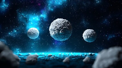 Obraz premium A stunning depiction of floating celestial spheres in a vibrant starry space, showcasing intricate textures and captivating cosmic colors for a mesmerizing visual experience.