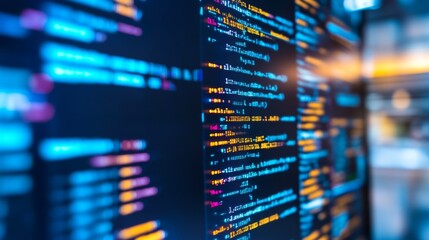 Close-up View of Colorful Computer Code Displayed on Screen in a Modern Coding Environment, Showcasing Programming Languages and Technology Innovation