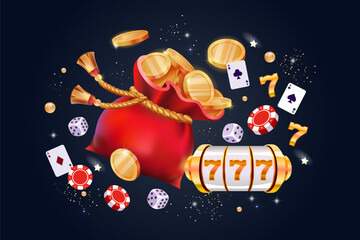 Red bag with gold coins. Bonus. Horizontal banner. Gift. cards, roulette, chips, casino. Vector illustration