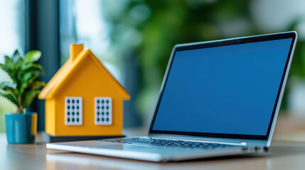 modern laptop beside yellow house model and small plant, creating cozy workspace