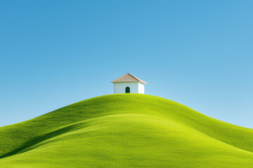 Fototapeta premium serene landscape featuring small white house atop lush green hills under clear blue sky