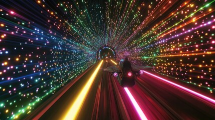Fototapeta premium Spaceship Flying Through A Colorful Neon Tunnel