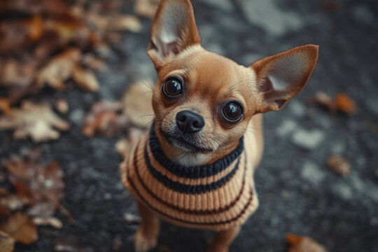 Cute chihuahua dog wearing sweater sitting on autumn leaves